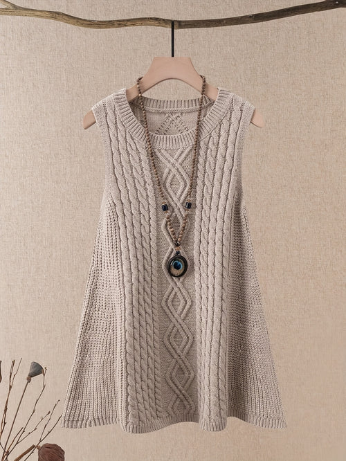 Beige Cable-Knit Sleeveless Tunic Vest