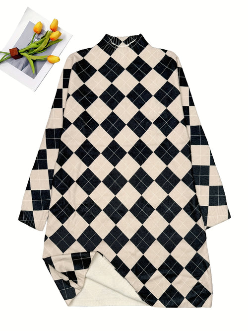 Black & Beige Argyle Turtleneck Knit Dress