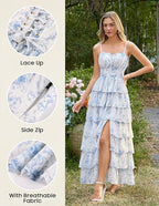 Blue White Floral Tiered Corset Maxi Dress, Fairy Style for Wedding & Vacation
