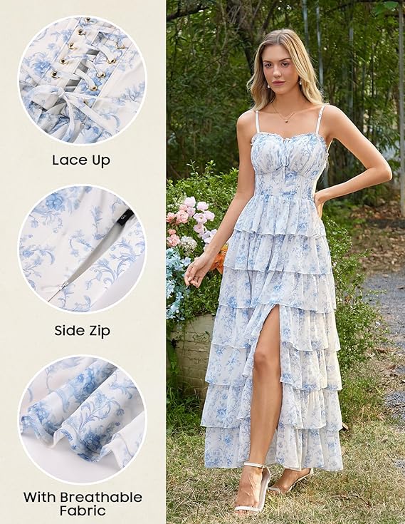 Blue White Floral Tiered Corset Maxi Dress, Fairy Style for Wedding & Vacation