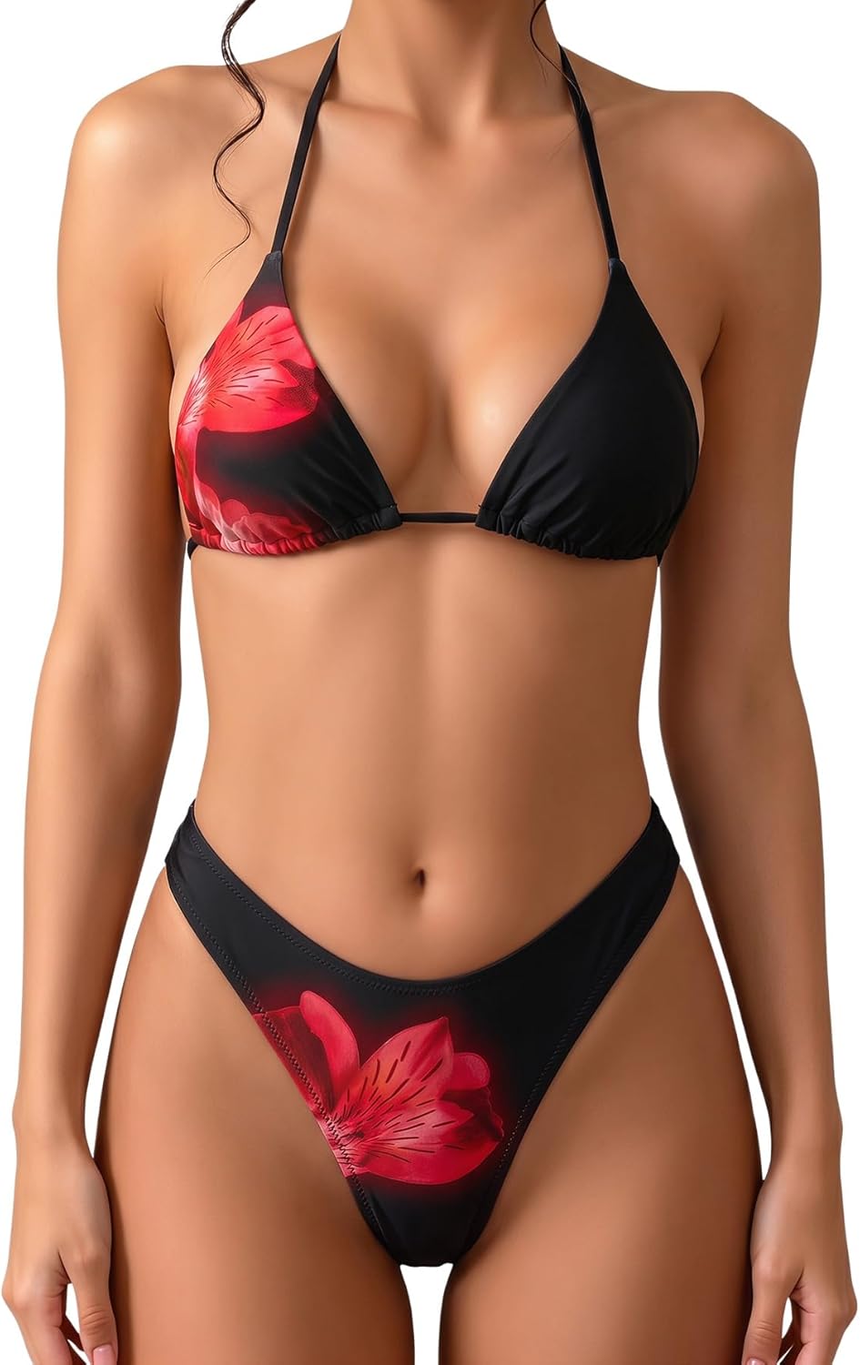 Women's Floral Polka Dot Triangle Thong Bikini Set Cute Bathing Suit