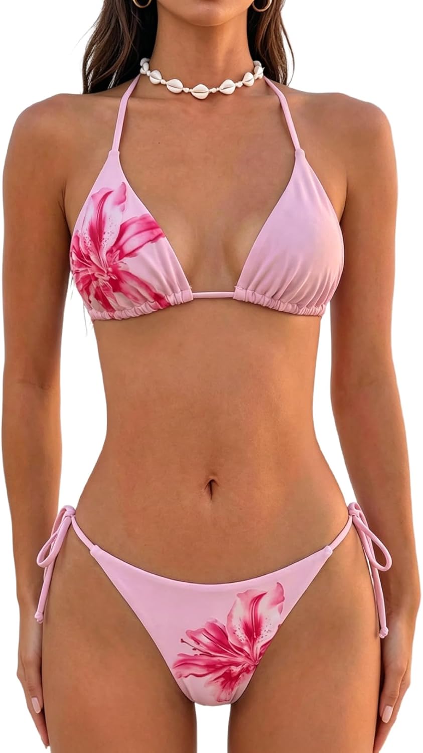 Women's Floral Polka Dot Triangle Thong Bikini Set Cute Bathing Suit