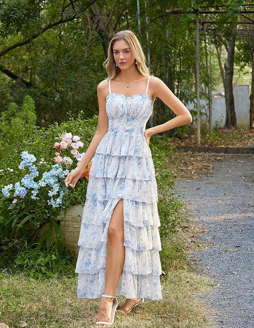 Blue White Floral Tiered Corset Maxi Dress, Fairy Style for Wedding & Vacation